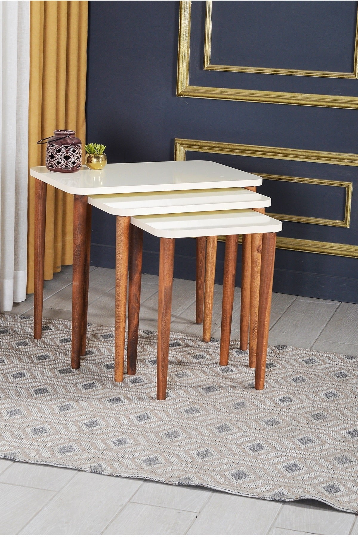 Cream White Nesting Coffee Table with Wooden Legs,Rectangular Set of 3 End Tables for Living Room, Stacking Side Tables,Set of 3 Small Accent Table End Table for Living Room Bedroom