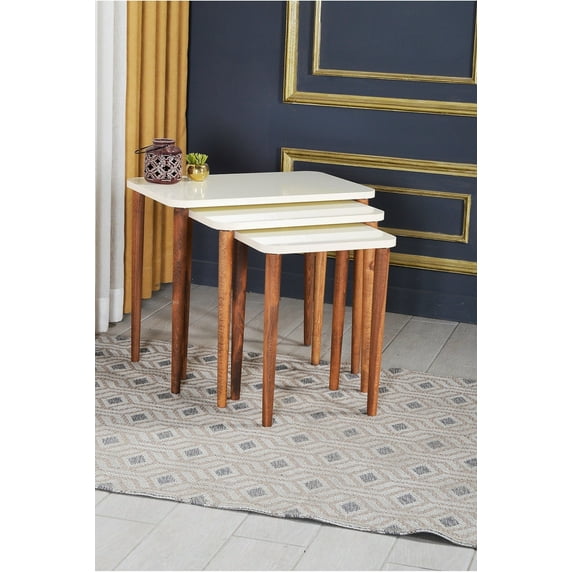 Cream White Nesting Coffee Table with Wooden Legs,Rectangular Set of 3 End Tables for Living Room, Stacking Side Tables,Set of 3 Small Accent Table End Table for Living Room Bedroom
