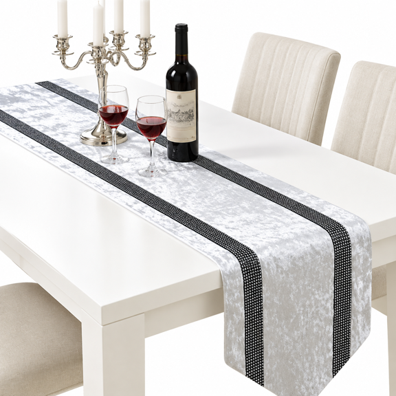 Cream White Ombre Rhinestone Bling Table Runner, 13x72 Inches