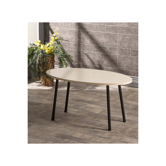 Cream White Oval Coffee Table with Black Metal Legs, Modern Style Coffee Table, Modern Round Coffee Table for Living Room,Coffee Tables For Living Room,Accent table,Center Table for Living Room