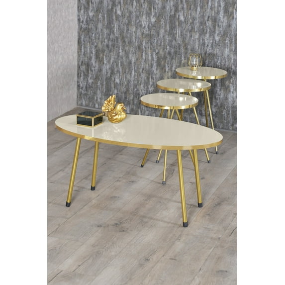 Cream White Oval Coffee Table Set with 4 PCS,Set With 3 Modern Round Nesting Tables And Coffee Table with Gold Metal Legs,Stacking Side Tables With Gold Side Details,Set of 4 Small Accent Tables