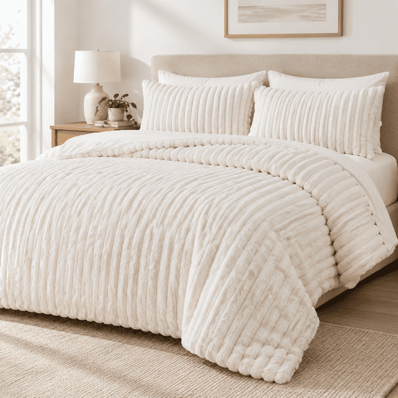 Cream White Ribbed Queen 3-Piece Faux Rabbit Comforter Bedding Set