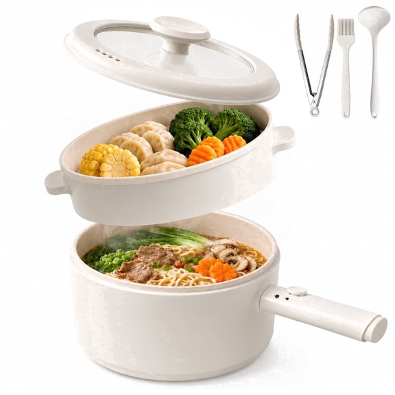 Electric Hot Pot with Adjustable Temp, Ceramic Cooker for Dorms & Camping, Mini Electric Soup Cooker, Off-White