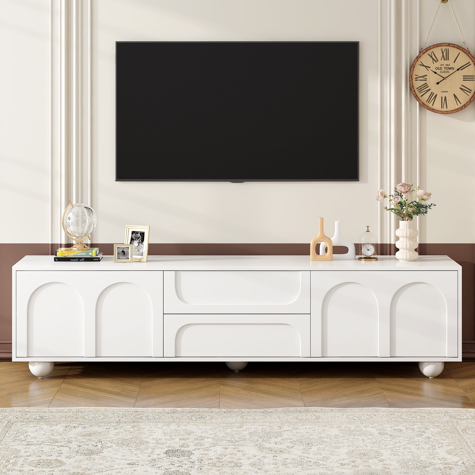 Cream White TV Stand for TVs up to 75", Modern Media Console with Arched Doors & 2 Drawers, Minimalist Entertainment Center with Press-Open Panels, 5 Round Metal Legs
