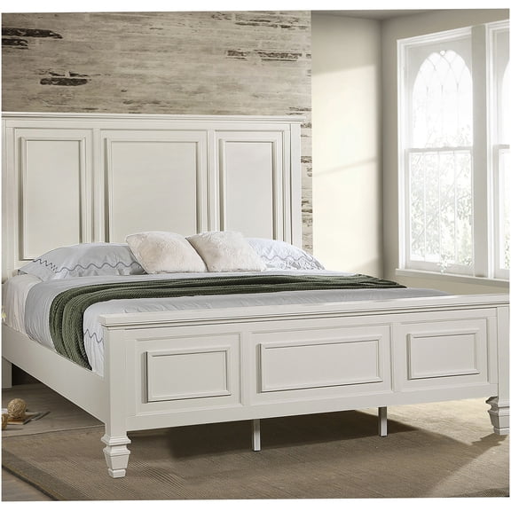 Cream White Upholstered King Bed Frame with High Headboard, Panel Platform Bed for Master Bedroom