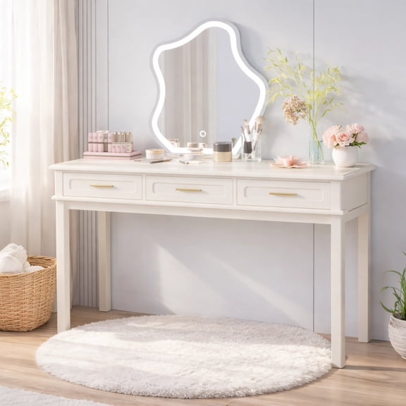 Cream White Vanity Desk 3-Drawers Makeup Or Writing No Mirror Included
