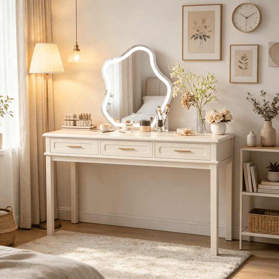 Cream White Vanity Desk with 3 Drawers, Modern Glossy Makeup and Writing Table for Bedroom, Dressing or Home Office