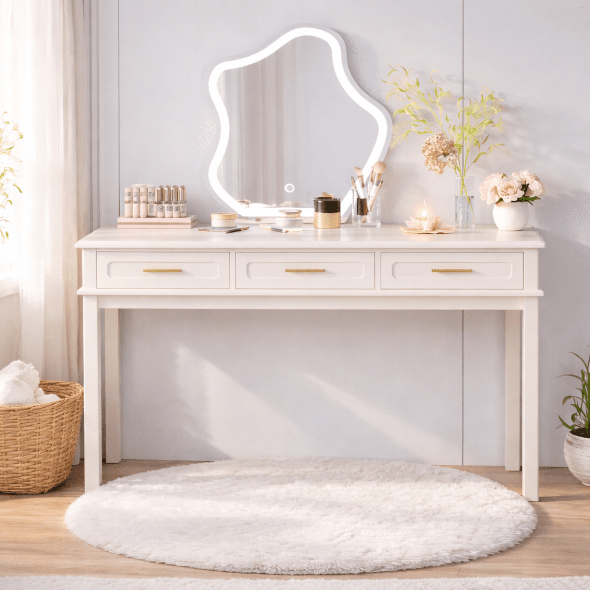 Cream White Vanity Desk with 3 Drawers, Modern Makeup Table or Writing Desk, Multipurpose Dressing Table for Bedroom, No Mirror Included