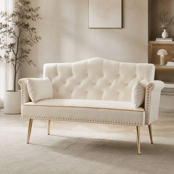 Cream White Velvet 2-Seat Sofa with Tufted Back, Foam Filling and Gold Metal Legs