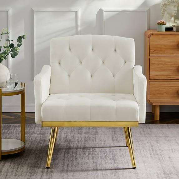 Cream White Velvet Armchair With Metal Leg Base Structure Legs - Back & Seat For Comfort And Style