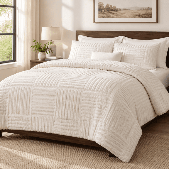 Cream White-stripe Patchwork Queen (90"x90") Plush Fleece Comforter
