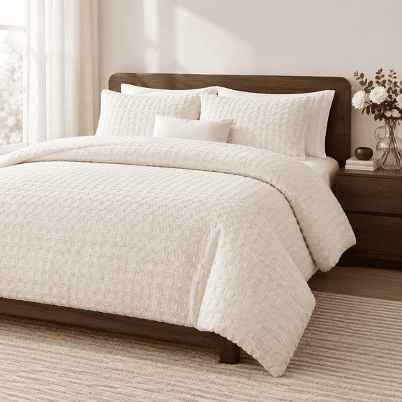 Cream White-waffle Texture King (106"x90") Waffle Textured Plush Fleece Comforter