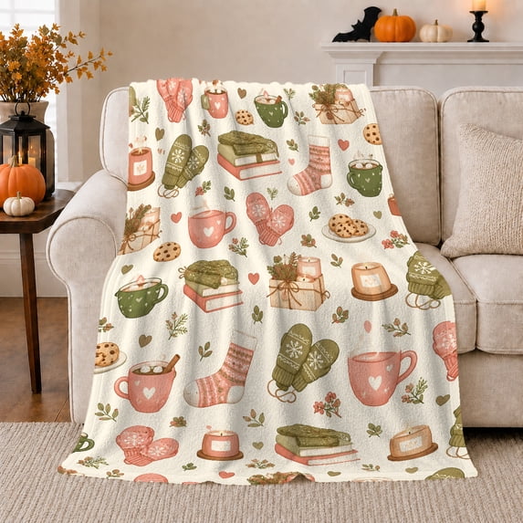 Cream Winter Watercolor with Snowflakes, Mittens, and Book, Warm Flannel Blanket for Living Room and Family Room, Art Lovers Valentine's Day Gift, Festive Home Decor