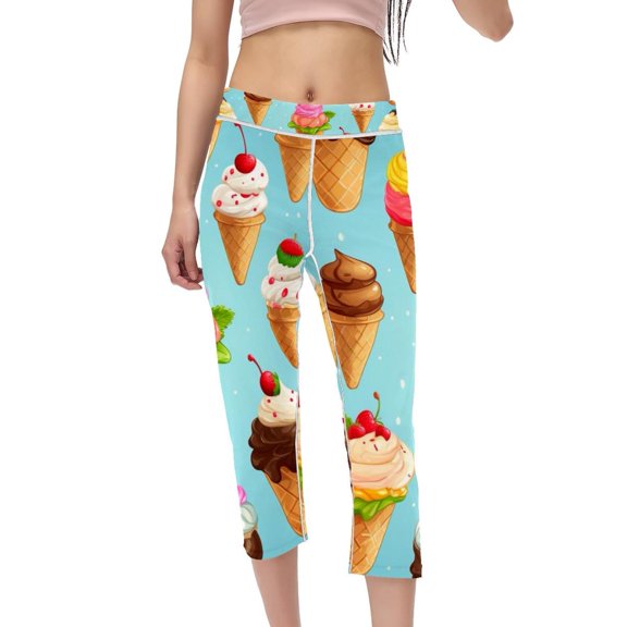 Cream Women Pants: High Waist Capris Not See-Through Printed Leggings,for Running, Fitness, Yoga