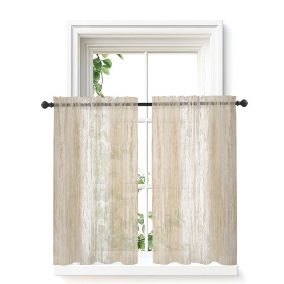 Cream Wooden Curtains 45 Inch Length, Sheer Curtains for Bedroom Living Room Window Farmhouse Brown Vintage Distressed Rod Pocket Voile Drapes Kitchen Curtains Small Half Window 42"x45" 2 Panels