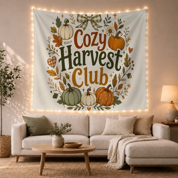 Cream Wreath with Cozy Harvest Club Pumpkins, Cheerful Farmhouse for Fall Decor Lovers, Harvest Wall Decor, Housewarming Gift, Tapestry Wall Hanging for Kitchen and Entryway