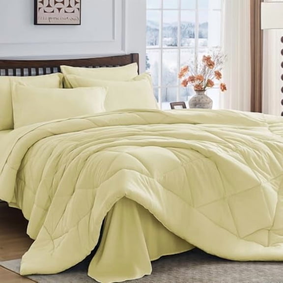 Cream Yellow Full Comforter Set - 7-Piece All Season Bed in a Bag Full, Ultra Soft Bedding Set with Comforter, Flat Sheet, Fitted Sheet, Pillowcases, Pillow Shams