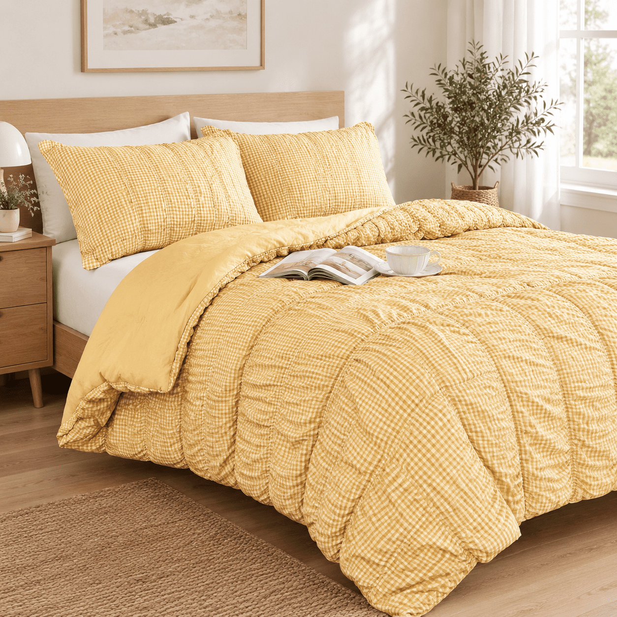 Cream Yellow Queen Size 3-Piece Ruched Gingham Bedding Comforter Set ...