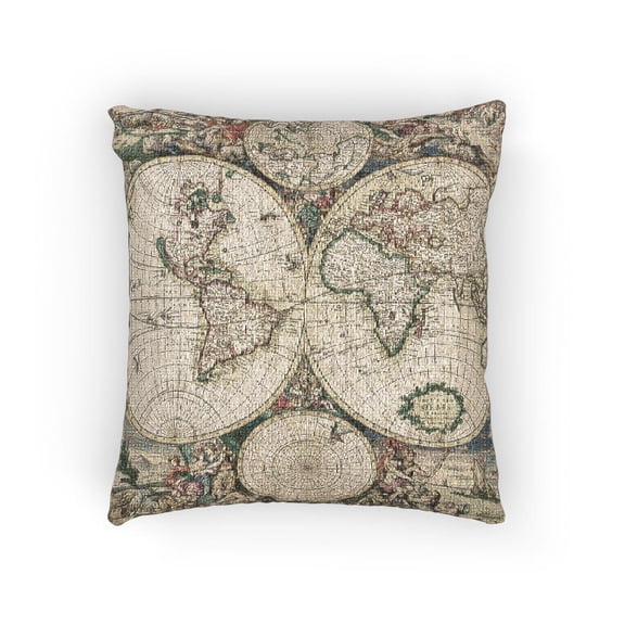 Cream and Muted Green Antique World Map Woven Pillow, 17 x 18 in, Cotton-Polyester, Historical Cartography Decor