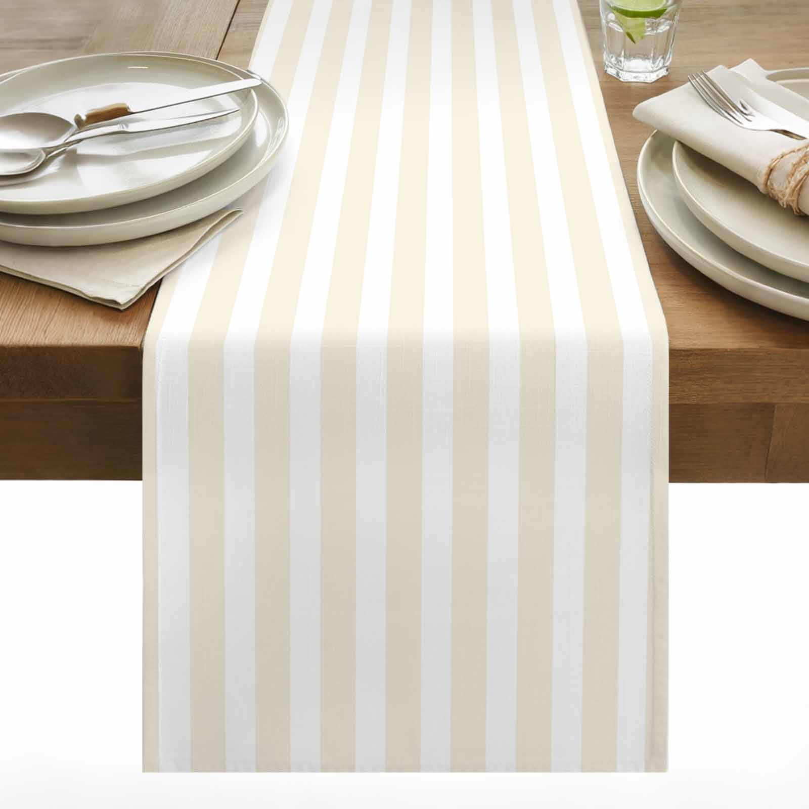 Cream and Table Runner 13x90 inch White Striped Geometric Cotton Linen Dining Table Runner Ideal for Dresser Kitchen Coffee Tables - Machine Washable