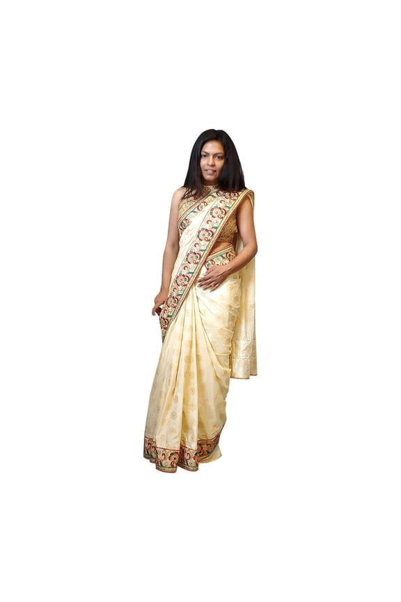 Cream colored brocade soft saree with embroidered border Size: M, Color: Creme