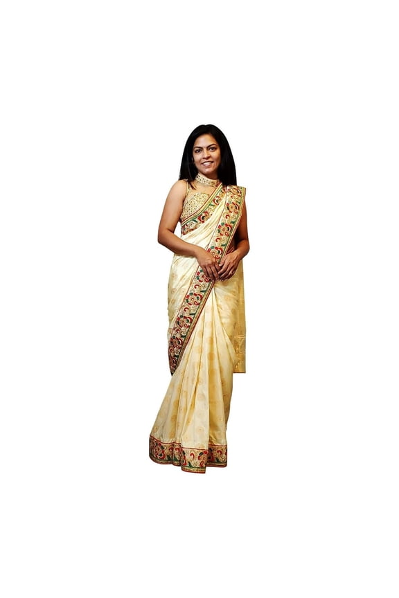 Cream colored brocade soft saree with embroidered border Size: S, Color: Creme
