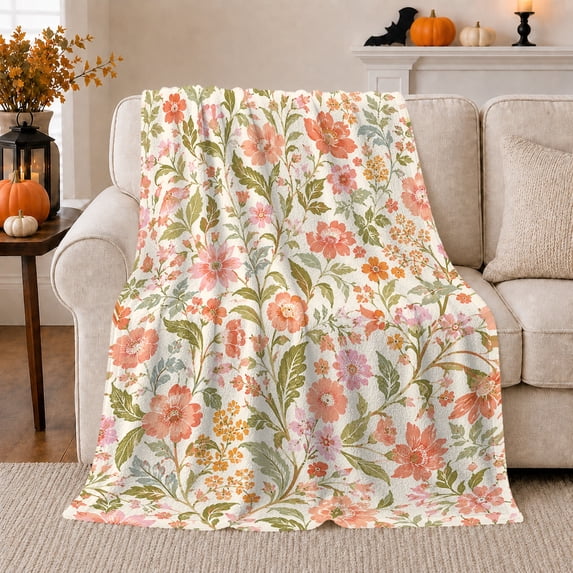 Cream coral pink flowers green leaves botanical Flannel Blanket for bedroom reading nook cottage floral Home Decor watercolor garden bloom art Gift for flower lovers