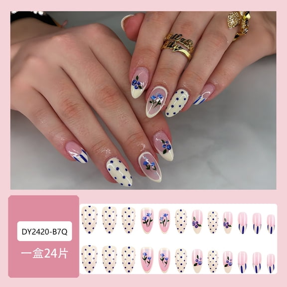 Cream polka dot fresh French wearing nail, foreign trade blueberry almond nail white nail 24 pieces fake nail direct supply
