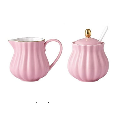 Creamer And Sugar Sets,Ceramic Sugar Bowl With Lid And Milk Jug,Cream And Sugar Pot, Creamer Jug Sugar Jar, Coffee Serving Set-Pink-220ml
