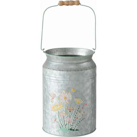 Creamery Milk Can Vase, Grey Metal, Meadow Flower Details, Rustic Farmhouse Style, Zinc, 9.5 Inches