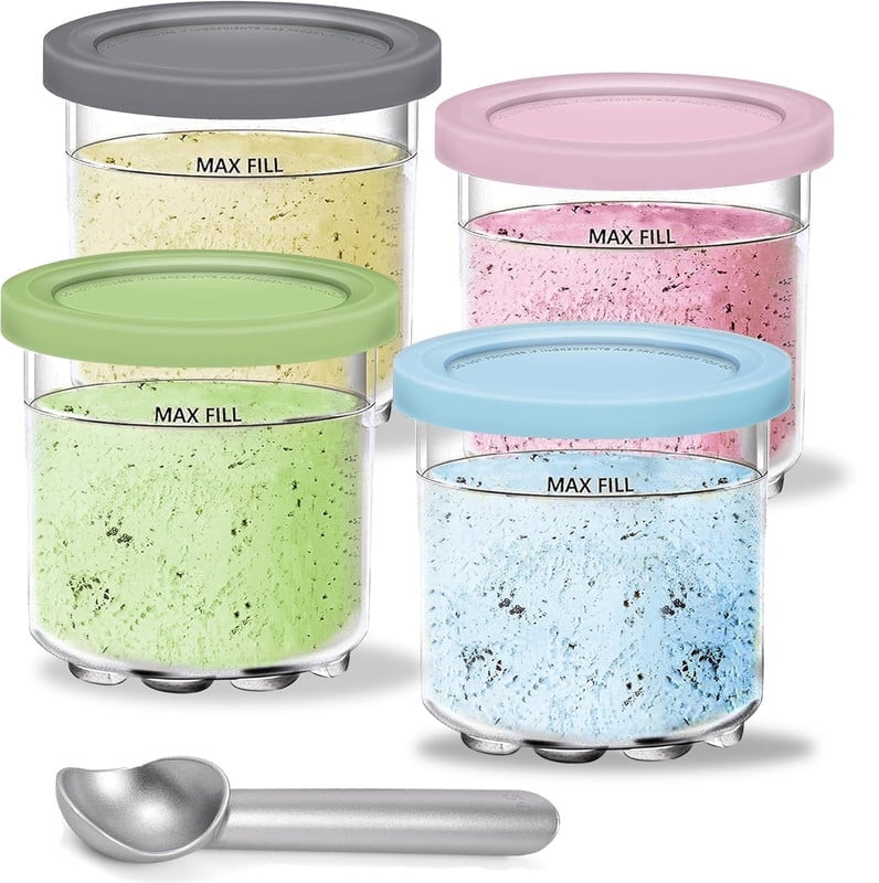 Creami Pints and Lids - 4 pack Creamy Icecream Containers Cups Jars Tubs Canisters Set, Compatible with NC301 NC300 Series Ice Cream Makers, Dishwasher Safe, with 1 Ice Cream Scoops