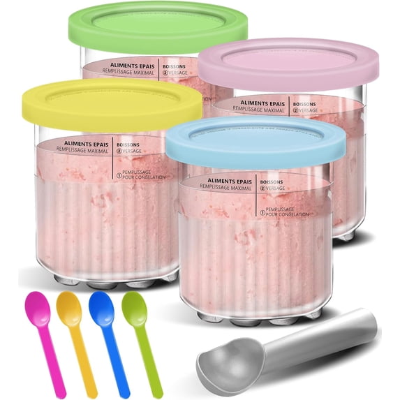 Creami Pints and Lids for Ninja - 4 pack Creamy Icecream Containers Cups Jars Tubs Canisters Set, Smoothie Pot Compatible with NC501 & NC500 Series Creamer Ice Cream Maker Machine Accessories