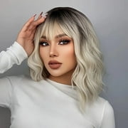 Creamily 12" Blonde Bob Wigs Water Wave Wigs for Women Synthetic Blonde Short Bob Wig with Bangs Deep Wave Wig with Dark Roots