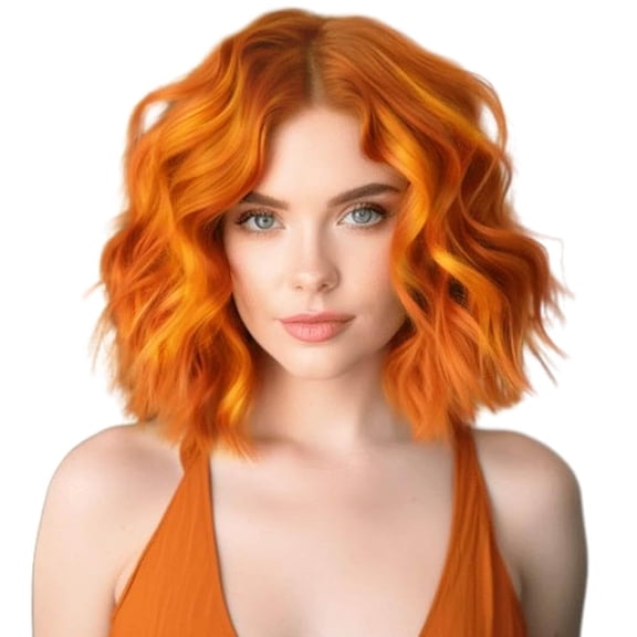 Creamily 12" Short Bob Wigs for Women Synthetic Water Wave Wigs with Bangs Ginger Curly Wave Bob Wigs