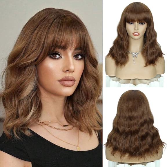 Creamily 12 inch Brown Bob Wigs with Bangs for Women Short Wavy Shoulder Length Bob Wig Natural Color Heat Resistant Hair for Daily