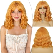 Creamily 12 inch Short Orange Water Wave Bob Wig with Bangs for Women - Synthetic Heat Resistant