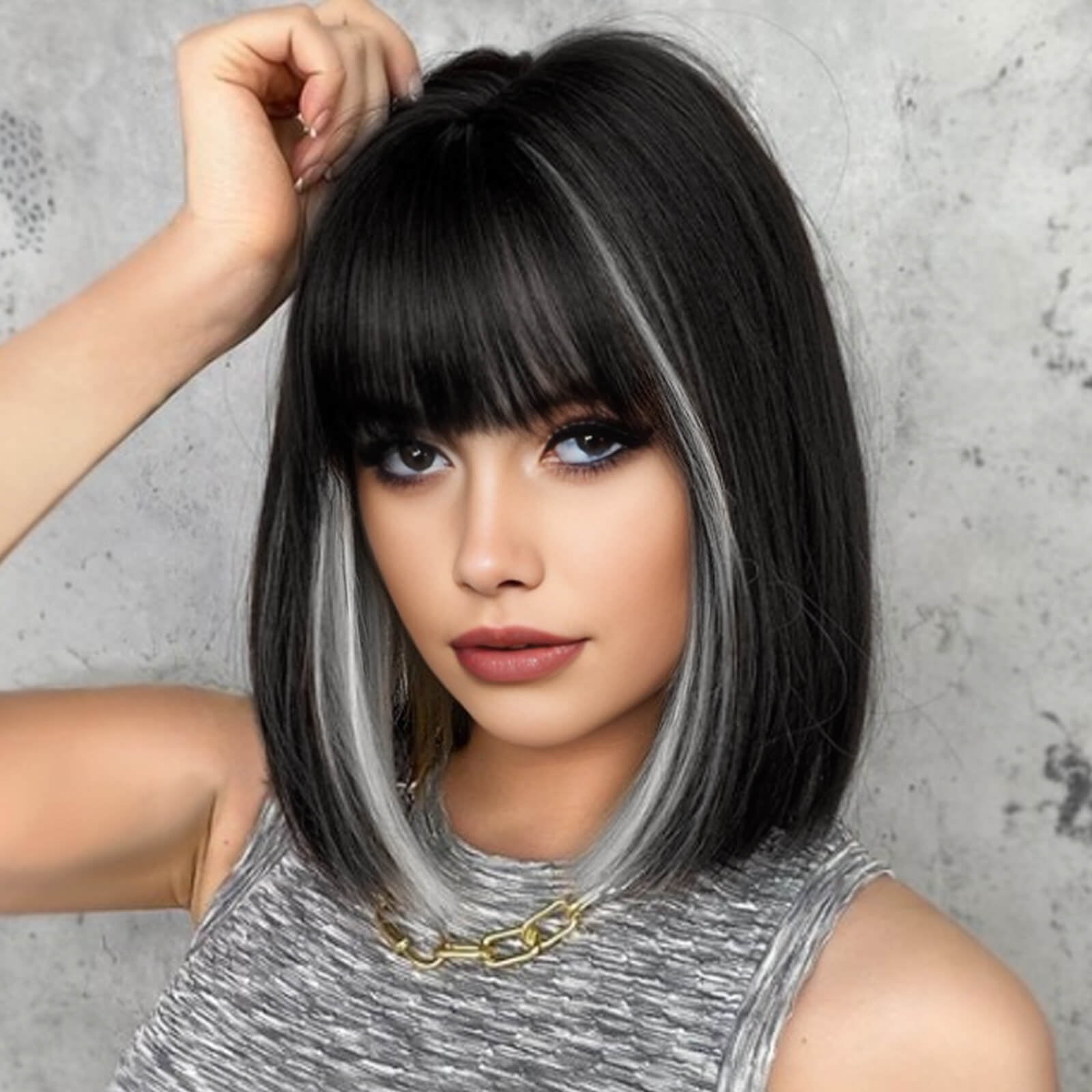 Creamily 13 Inch Short Natural Black Bob Wig for Women with Bangs (Black with Gray Highlights)