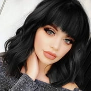 Creamily 14"Black Wig for Women Short Wavy Curly Bob Wigs with Bangs Natural Black Hair Wigs Heat Resistant Synthetic Wigs