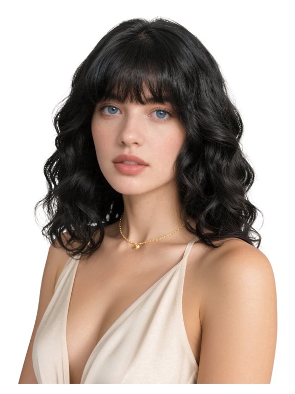 14"Black Wig for Women Short Wavy Bob Wigs with Bangs Natural Black Hair Wigs Heat Resistant Synthetic Wigs
