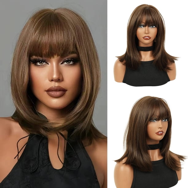 Brown bangs wig sale brand new 14 inch Long Amazon.com : MIMAN 14 Inch Shoulder Length Dark Brown  main image 4