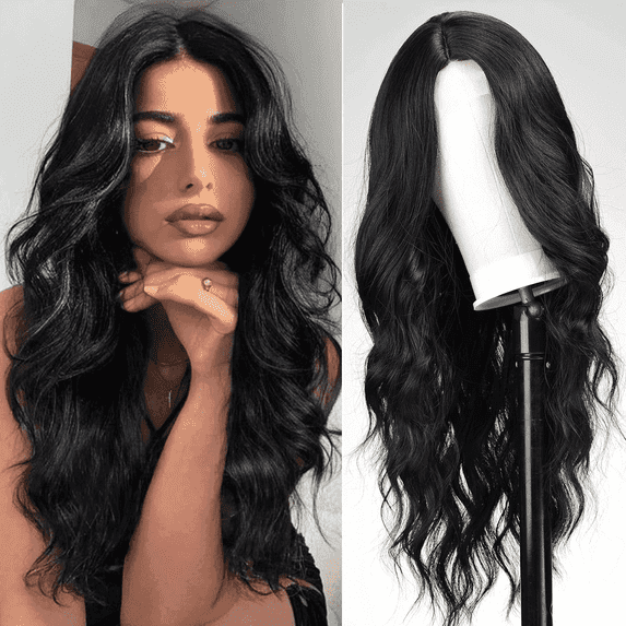 Creamily 22" Long Black Wig for women Glueless Deep Wave Wigs V Part Body Wave Wig Black Curly Wigs for Daily