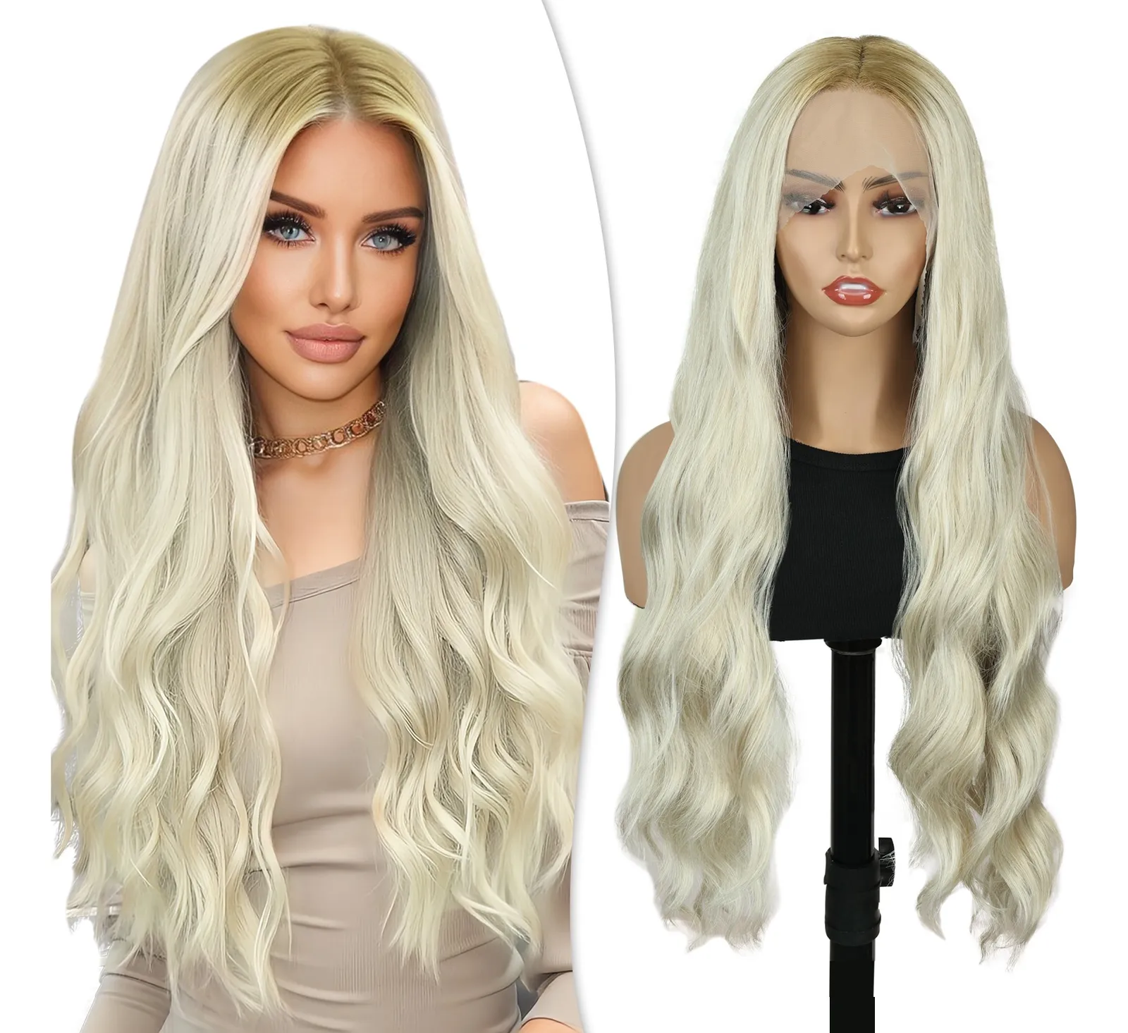 Creamily 30 inch 13*3 Long Blonde Wavy Wigs Glueless HD Lace Front Wigs with Black Root Natural Looking Synthetic Layered Wig for Daily Party Use