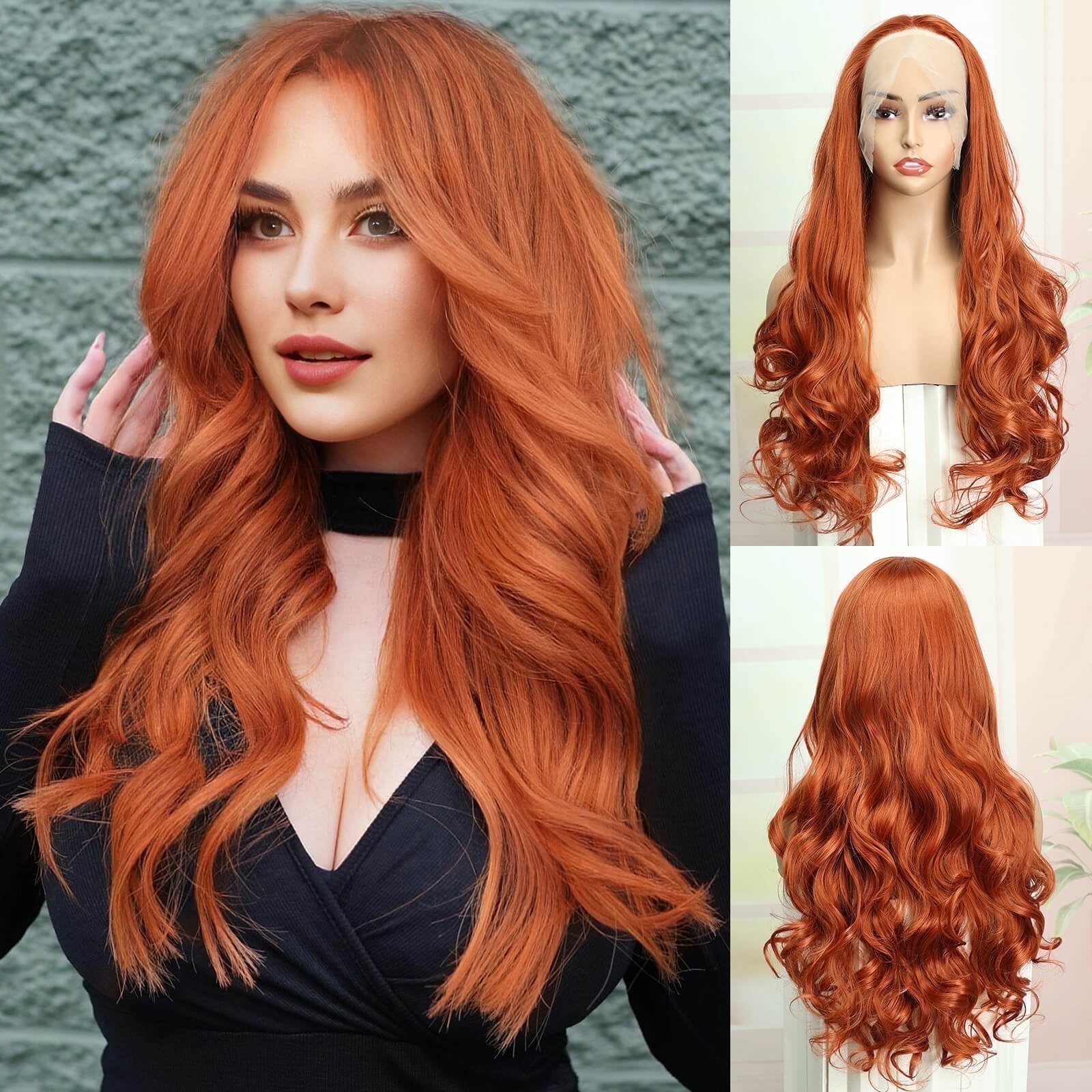 Creamily 26 Inch Lace Front Wigs Free Part Long Wavy Synthetic Glueless Half Hand Tied Lace Wigs For Women（Orange Color ）