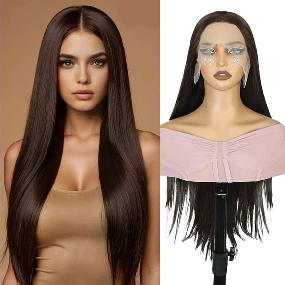 Creamily 30 Inch Brown Synthetic Lace Front Wigs 13x3 Chocolate Brown Wig Long Straight Heat Resistant Fiber Hair Synthetic Wig for Women for Daily Party Use