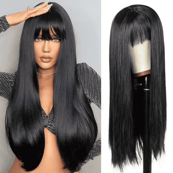 Creamily 24" Long Black Wig with Bangs Straight Human Hair Wigs for women Glueless Black Wigs for Daily