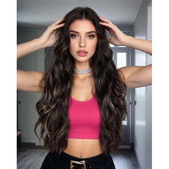 Creamily 26 Inch Brown Wigs for Women Hair Wig Long Brown Wigs with Blonde Highlight Wig Cap for Daily