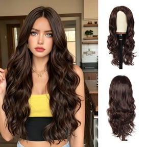 Creamily 26 Inch Brown Wigs for Women V Part Body Wave Wigs Synthetic Curly Wig Long Brown Wigs Cap