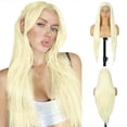 thumbnail image 1 of CREAMILY 28 Inch Long Lace Front Wig 13x3 Synthetic Deep Wave Glueless Wig for Women Pre Plucked Natural Hairline Heat Friendly Tangle Free Light Blonde, 1 of 8
