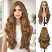 Creamily Long Lace Front Wig for Women Synthetic Honey Brown Wavy Wig no Bangs for Daily Use 28inch