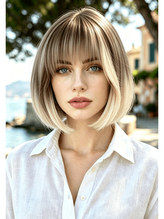 Short Blonde Wig for Women - Natural Look Brown Roots, Lightweight Bob Style with Adjustable Cap, Everyday Wear Synthetic Wig